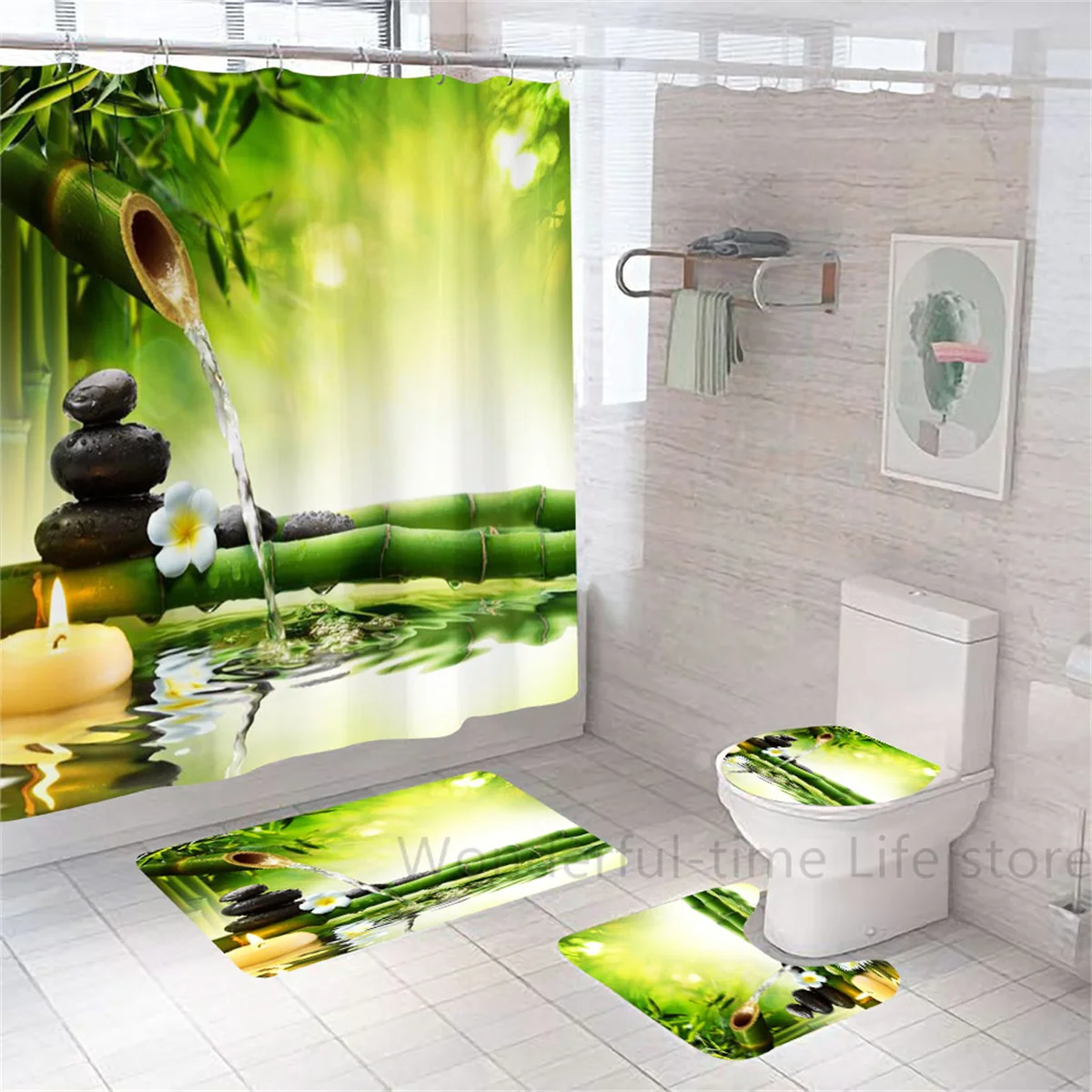 Spa Zen Buddha Statue Shower Curtain Luxury Green Bamboo Flower Fabric Waterproof Massage Stone Orchid Bathroom Curtain Rugs Set