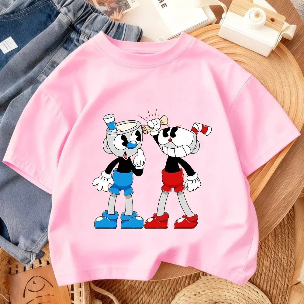 Kids Short Sleeve T Shirt Cuphead And Mugman Classic Game Cartoon Print O-Neck Tee Trendy Graphic Casual Boys Girls Summer Top