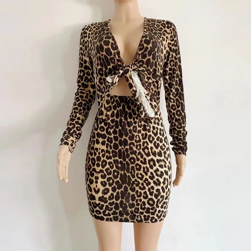 Vestidos para mulheres nova manga longa com decote em v vestido feminino fino sexy leopardo impressão rendas vestido feminino vestidos de verano mujer q918