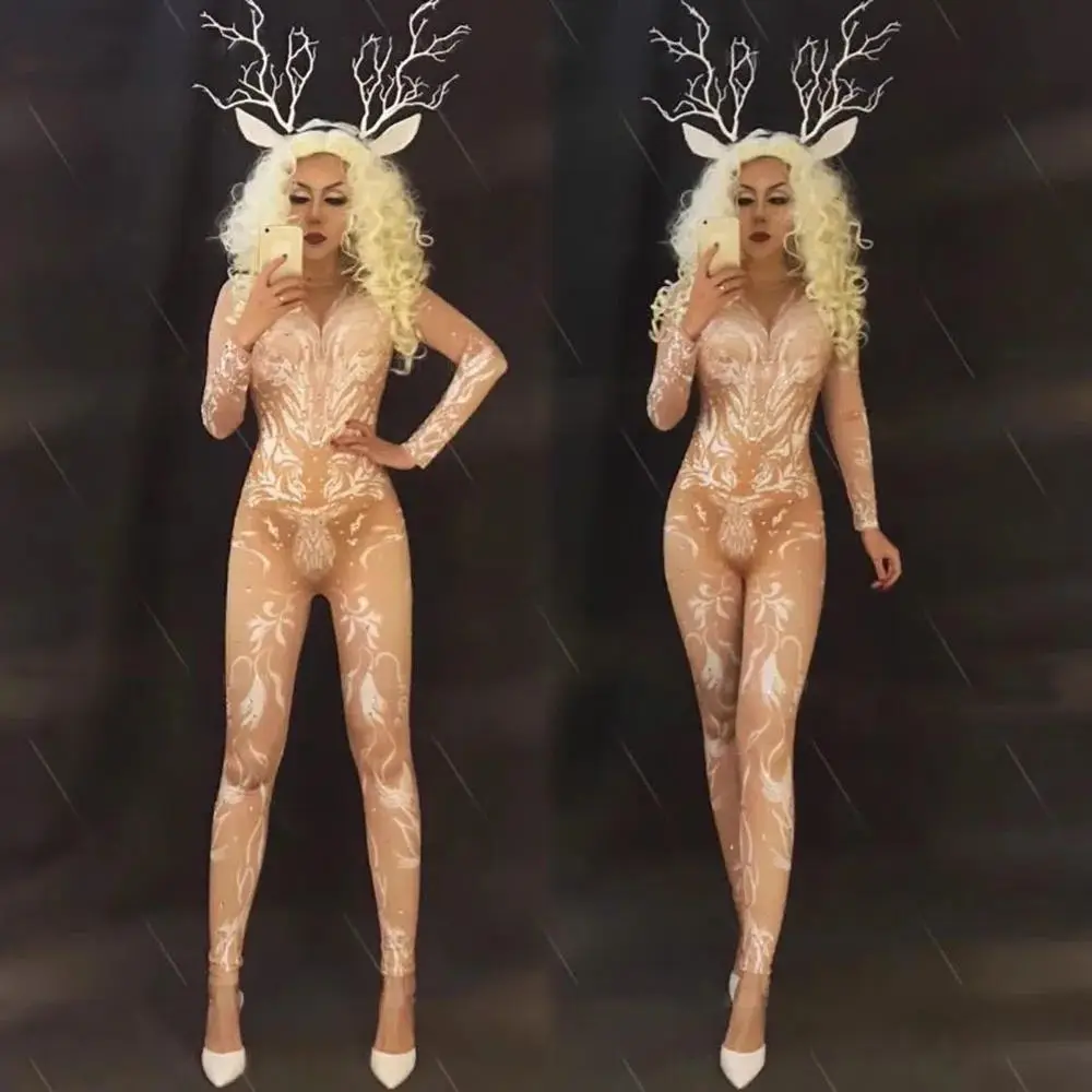 Sexy Fake Perspective Bodysuit Bar Singer Dancer Cosplay Suit, Christmas Awards Ceremony Performance Jumpsuit With Headwear