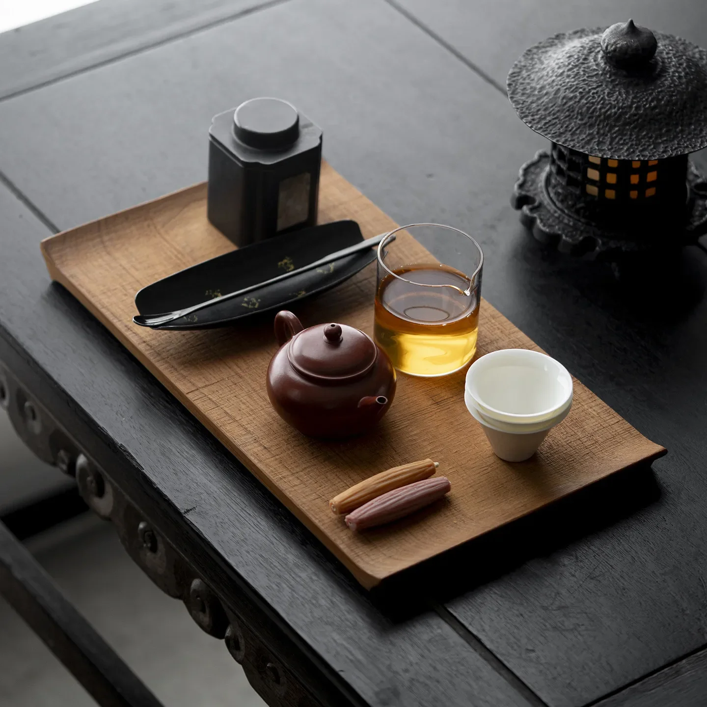 Charcoal-fired ash  tea dry brewing solid wood simple household pot bearing one pot and two cups of small tea trays