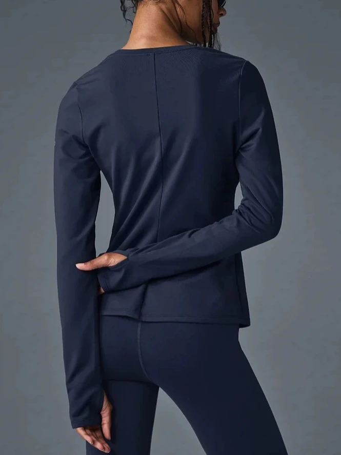 قمصان رياضية نسائية بأكمام طويلة، تي شيرت مرن برقبة دائرية، تي شيرت يوغا علوي للياقة البدنية والجري، سترة نسائية باللون الأسود الداكن #2