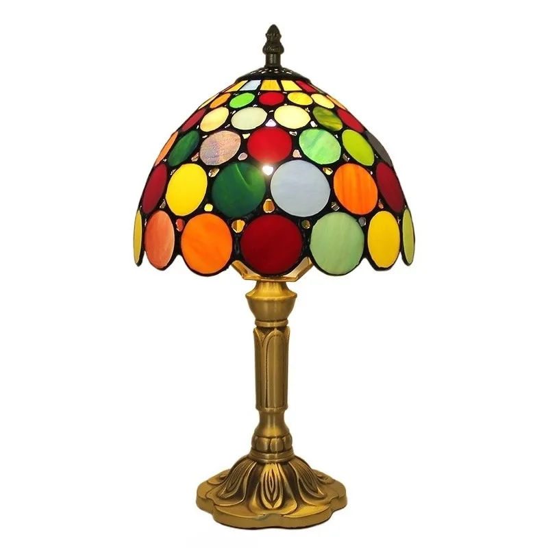 

Small Tiffany Table Lamp Copper Base Stained Glass Bohemia Multicolor Lampshade AC Power Bedroom Living Room Decor Desk Light