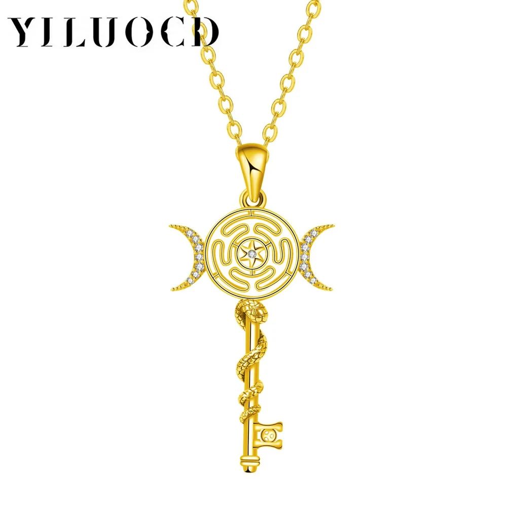Original bruxa hekate roda pingente colar thai prata cobra chave tripla lua deusa corrente colares wicca jóias mágicas