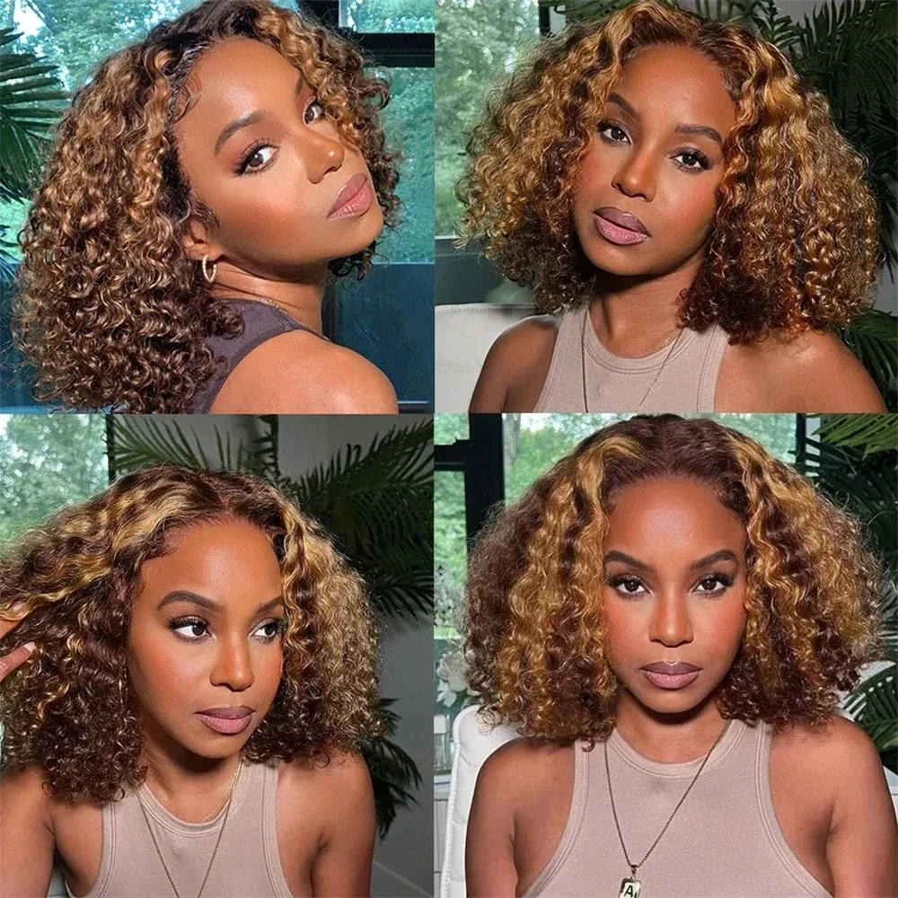250 Dichte Highlight Kurzer Bob 100% Echthaar Perücken Wasserwelle 13x4 HD Lace Front Perücken Ombre Blonde Deep Wave Lace Frontal Perücke – Detail 1