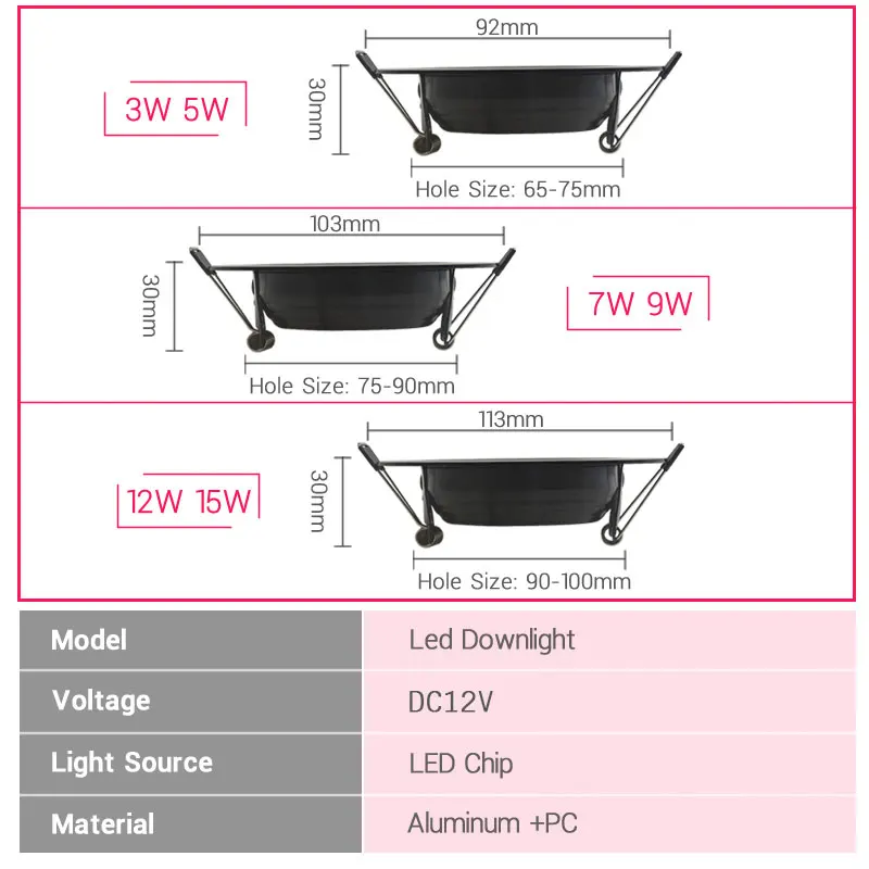 LED Downlight 12V Waterproof IP65 7W 9W 12W 15W 3W 5W Black Ceiling light Spot Lamp for bathroom Outdoor and indoor Lighting