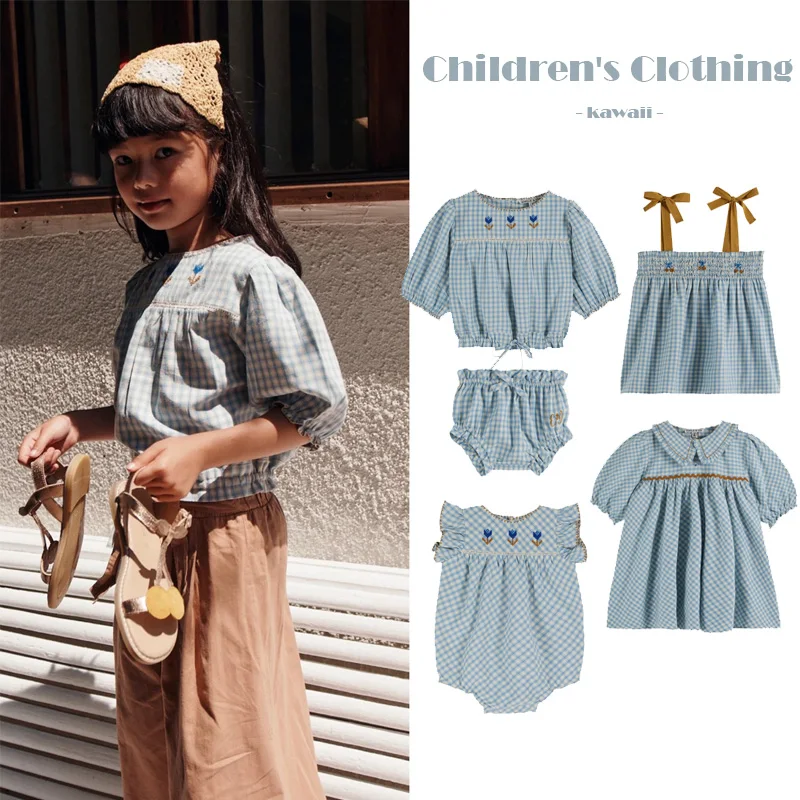 Retro Embroidered Children\'s Clothing Set 2024 New Cotton Checkered Flower Girl Dress T-shirt Shorts Set Baby Jumpsuit Clothes