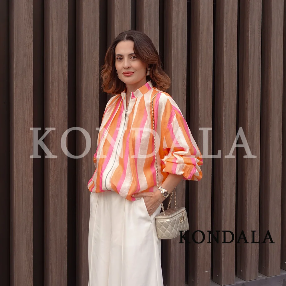 KONDALA Women Chic Colored Striped Loose Zipper Jacket 2026 Summer Early Fall Trendy Bomber Jacket Ladies Leisure Holiday Jacket