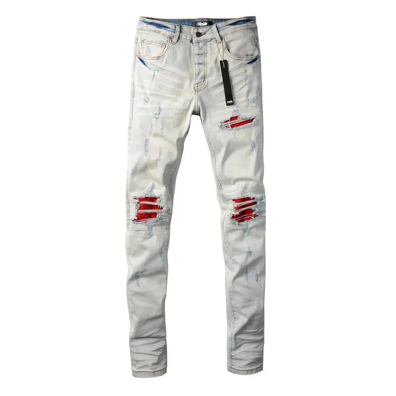 

Light Wa Elastic Hole Casual High Street Trend Patchwork Jeans Red Slim Fit Men's Jeans Cotton Blend mid Waist Zipper Fly