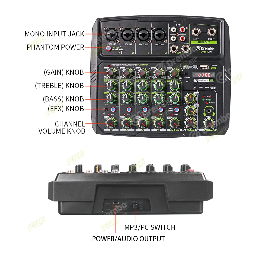 4/6 Channels Sound Mixer  Audio Mixer DJ Controller Mixing Bluetooth Phantom Power Delay Repaeat Effect For Sound Mixing Console