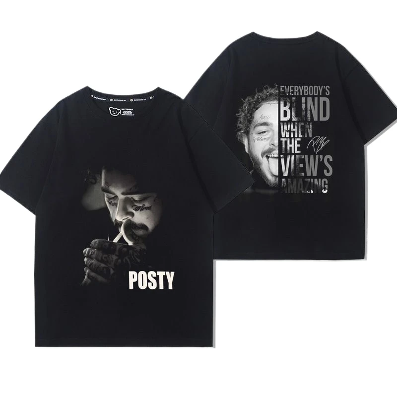 New Post Malone Poz Ma Long European and American Street Rock Rapper Portrait Print Short-sleeved Men's Women's Cotton T-shirt