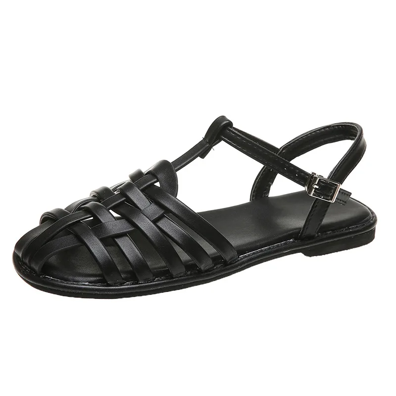 Summer 2022 New Sandals Retro Women Shoes Summer Black Original Fashion Gladiator Comfort Flat Weave Back Strap Sexy Casual Blue