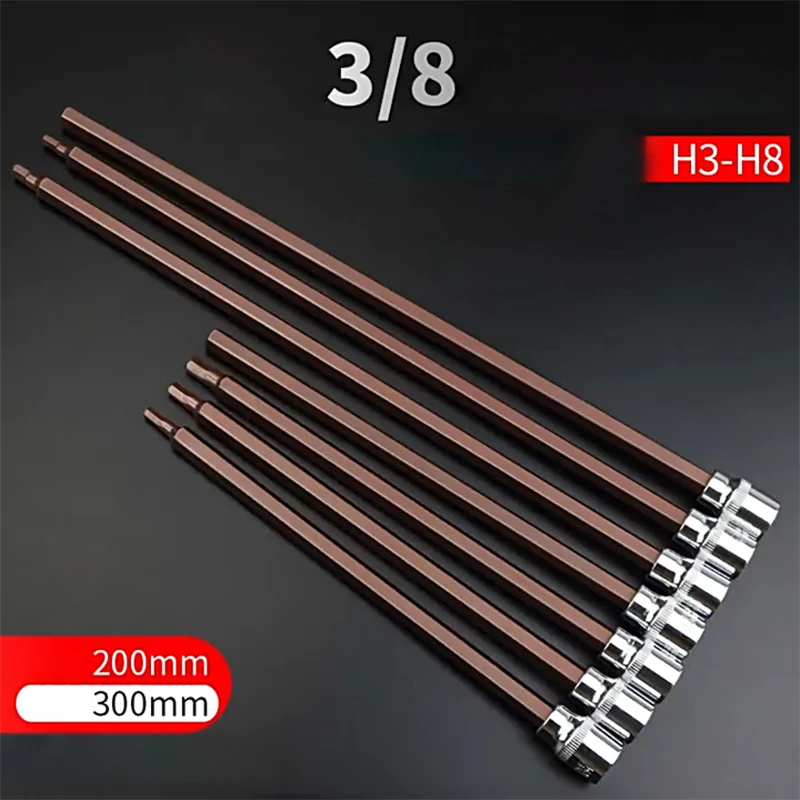 1pcs 200/300mm Extra Long 3/8 Inch Drive Hex Bit Socket H3 H4 H5 H6 H8 Screwdriver Bit Sockets Hand Tool Socket Joint Hexagonal