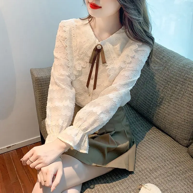 Korean Lace Patchwork Shirt Tops Spring Autumn New Long Sleeve Solid All-match Sweet Blouse Temperament Fashion Women Clothing