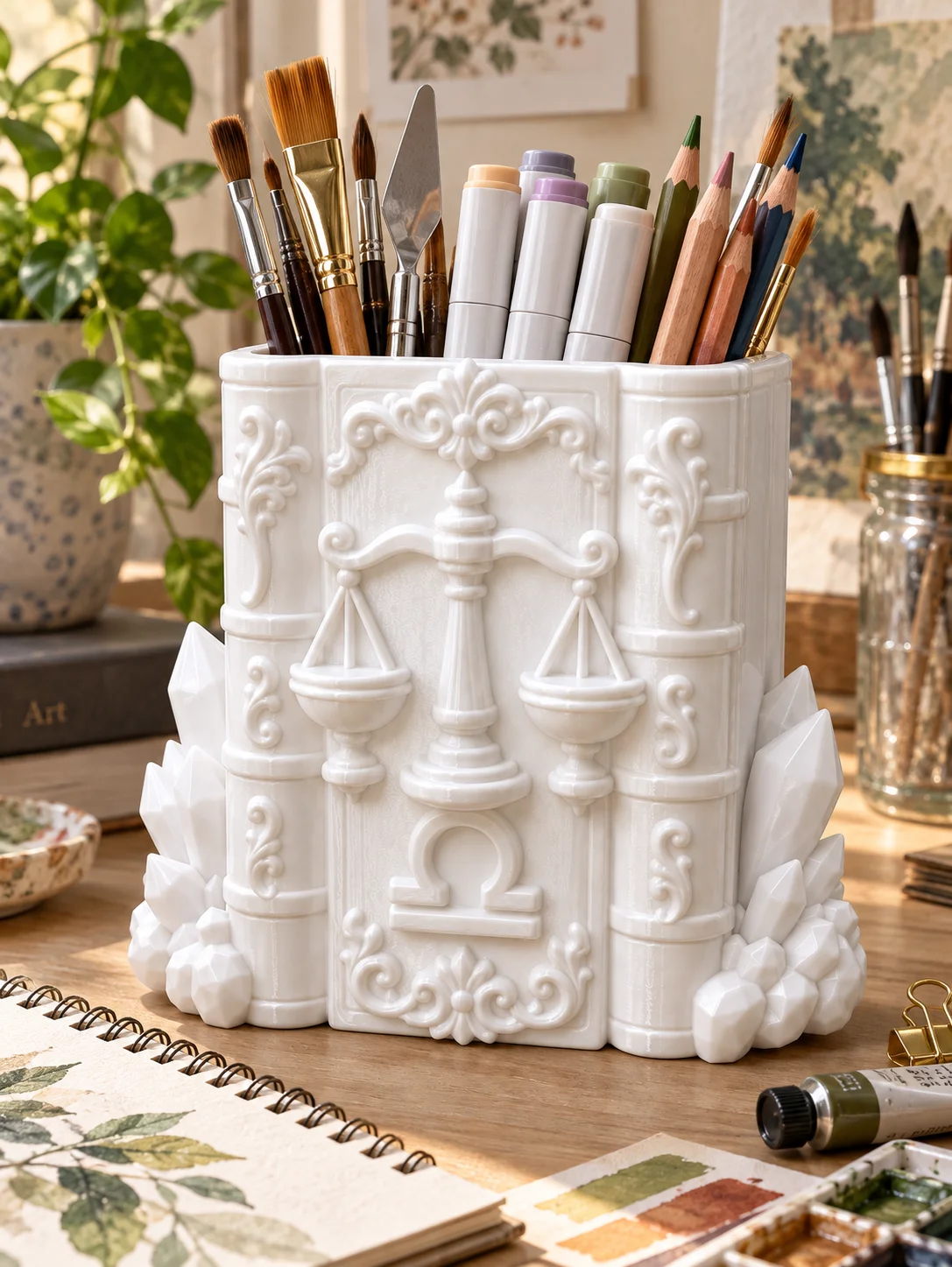 Libra Zodiac-Themed Justice and Balance Book-Shaped Pen Holder, Pencil Holder, French Retro Baroque Luxurious Swirl Pattern Embossed Crystal Embellishment, Matte White Desktop Storage Box, Simple and Chic, Elegant and Luxurious Aesthetic, Multifunctional Large-Capacity Stationery Organizer, Desktop Organizer, Stable Base, Wide Opening, Sturdy and Durable, Space-Saving, Office Desk, Home Study, Dressing Table, Room Decoration, Unique Zodiac Theme