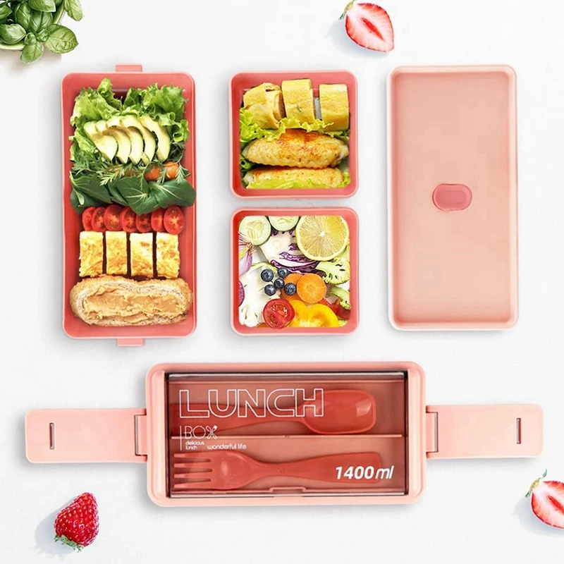 4X Bento Box Kit, 47.35OZ Bento Box Adult Lunch Box, 3 Compartments Bento Lunch Box , Meal Prep Containers Pink