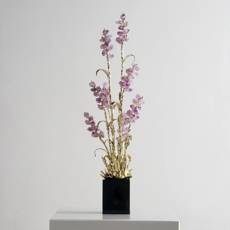 Amethyst Crystal Sculpture Metal Flower Statue Luxury Modern Table Ornament Living Room Entryway Hotel Home Decor Wedding Gift