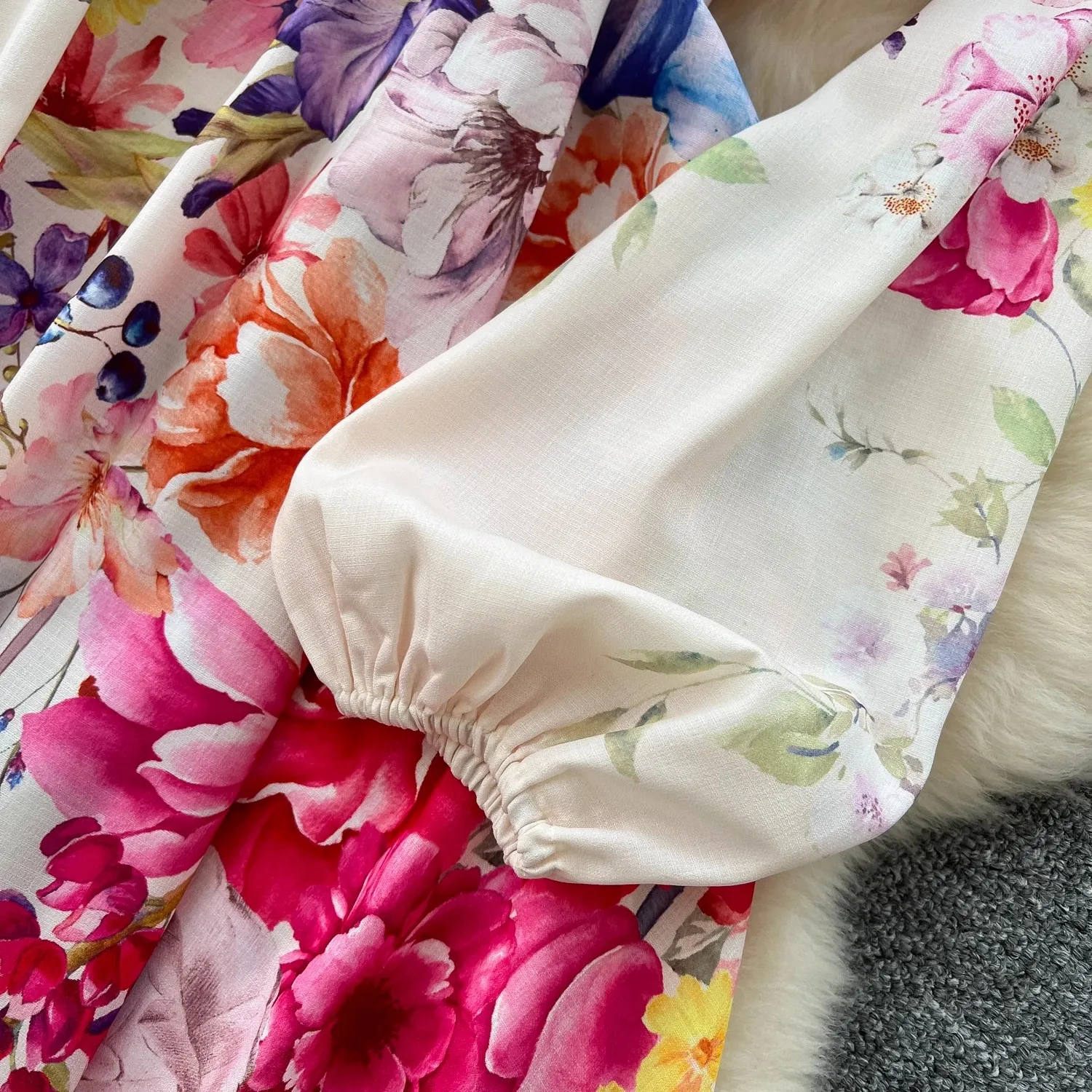 Gorgeous Flower Luxury Overlay Print Linen Robe Dress Women's Stand Long Lantern Sleeve Single Breasted Belt Long Party Vestidos