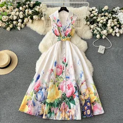 2024 Summer Holiday Beach Dress Women's Notched Collar Sleeveless Single Breasted Floral Print Belt Long Boho Party Vestido 6389