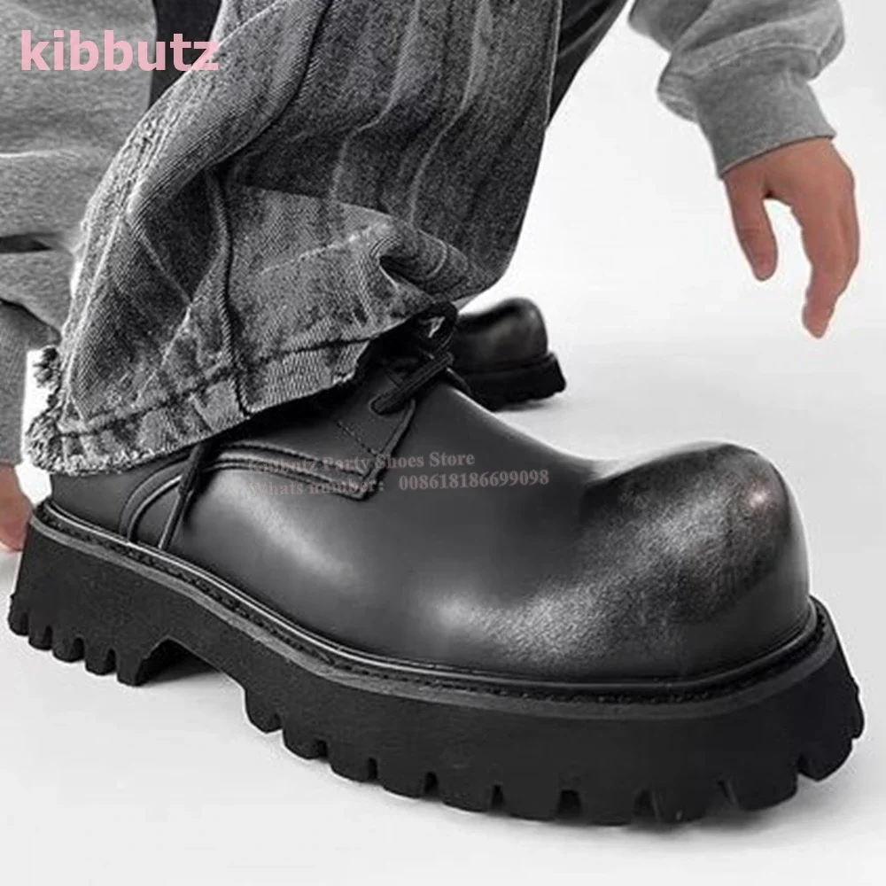 

Big Round Toe Pumps Shoes Leather Fashion Lace-Up Thick Sole Mixed Color Novelty Cool Party Daily Shoe for Men Party Women New