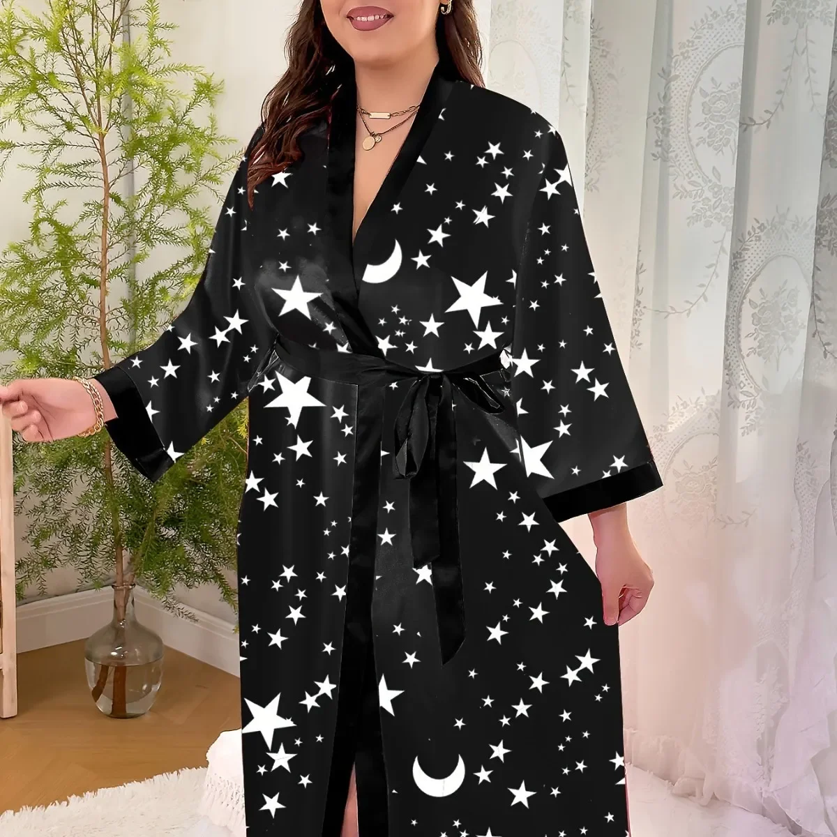 Bata de Dormir Larga y Cómoda para Mujer, Talla Grande, Diseño de Estrellas y Luna, Tela de Poliéster Transpirable, Apta para Todas las Estaciones