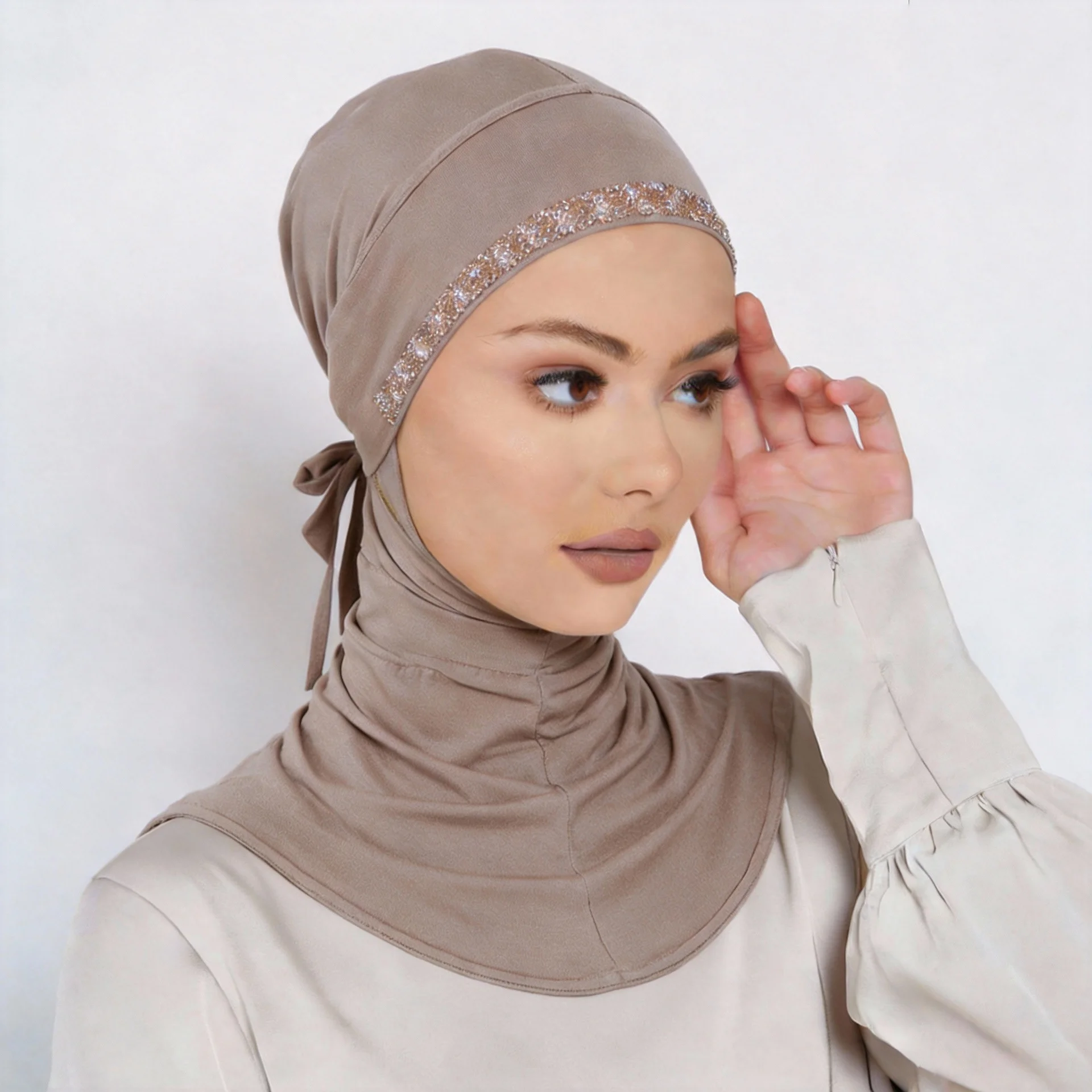 

Muslim Instant Hijab Islamic Solid Strap Undercap Ramadan Jersey Women Rhinestone Decor Headscarf Bonnet Hat Tuban Bandana