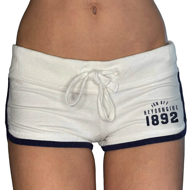 

Casual Letter Print Women Shorts Contrast Color Lace-up Slim Low Rise Shorts Y2K Summer Streetwear Sporty Style Womens Clothing