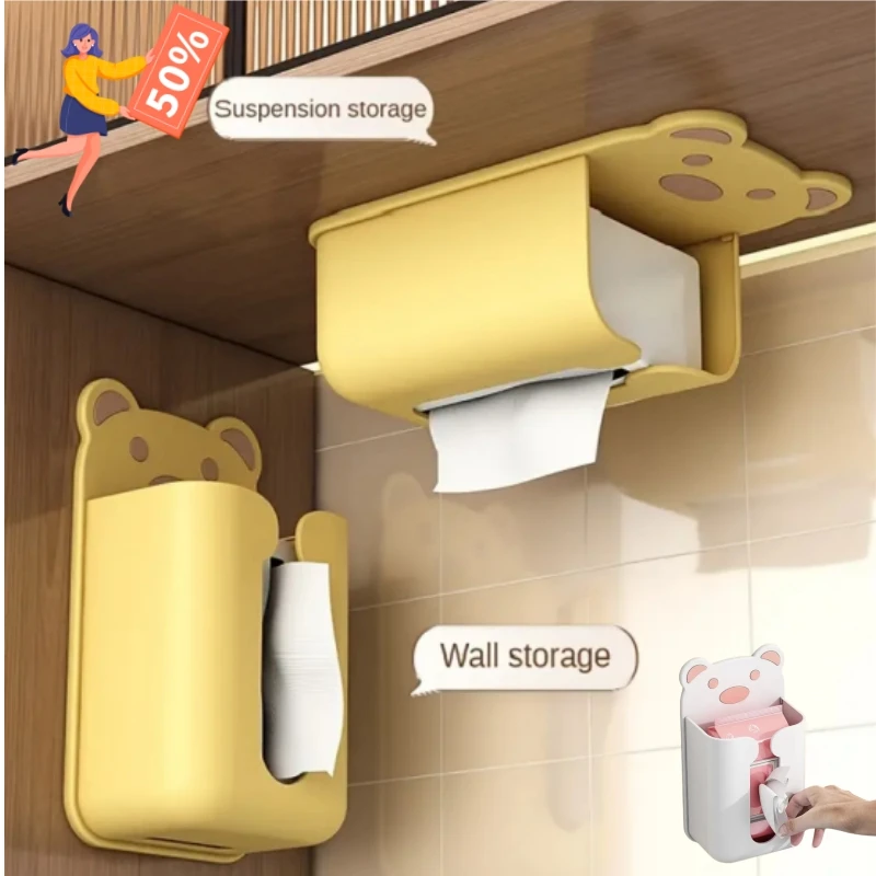 Paper Towel Box Cartoon No Punching Wall Washcloth Storage Rack Container Self Adhesive Kitchen Bathroom Paper Tissue Holder