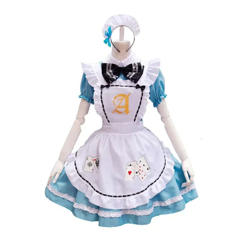 Disfraz de Lolita para niñas y mujeres, vestido de sirvienta con cartas de juego de Alicia azul, disfraz de escenario para fiesta de mucama de póquer Alice