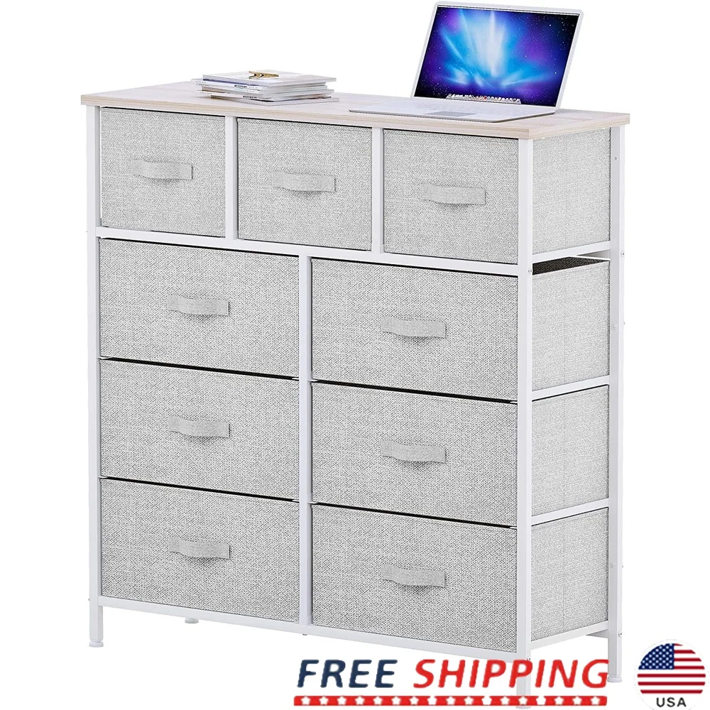 

9-Drawer Fabric Dresser Storage Chest with Sturdy Wooden Top Adjustable Feet Bedroom Living Room and Closet Organization