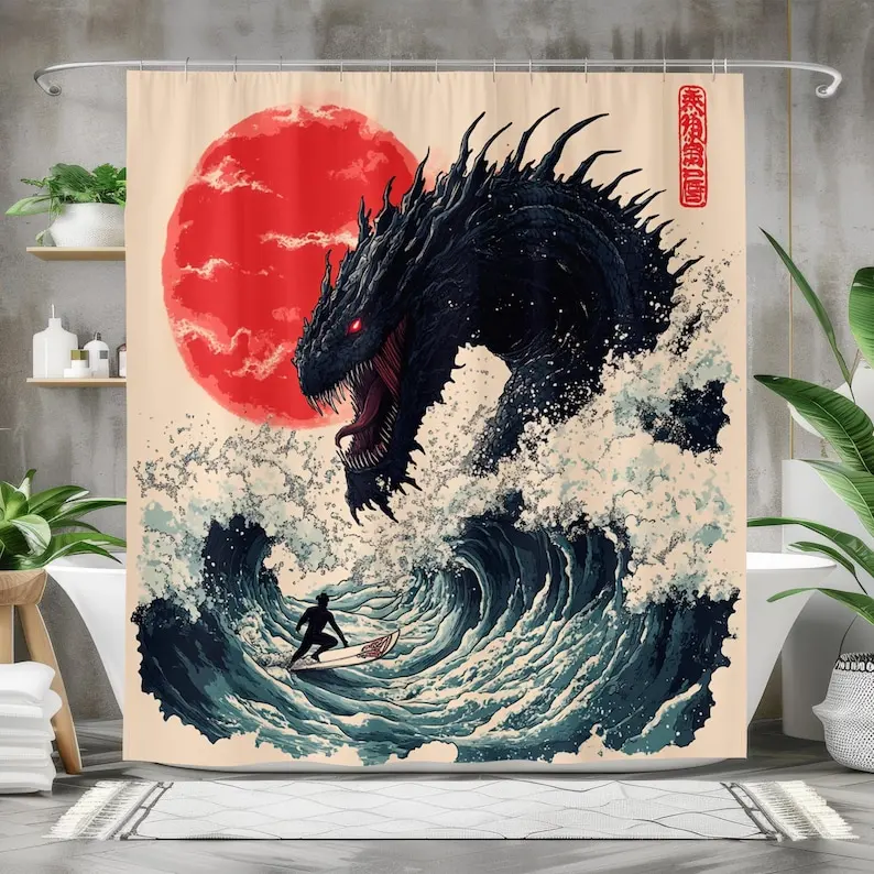 

Kaiju Surfing Shower Curtain, Japanese Art Bath Curtain, Bathroom Decor, Waterproof Fabric, Monster and Wave Design