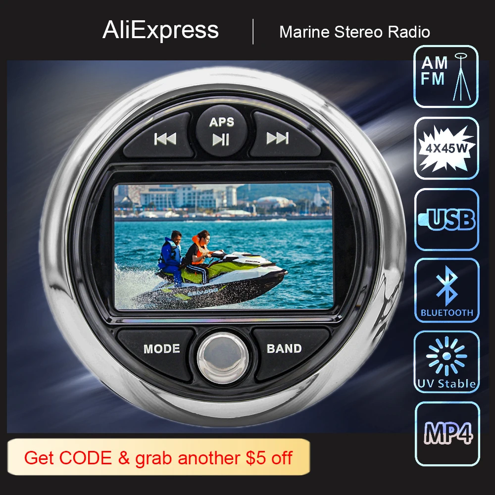 

Marine Stereo Waterproof Boat Radio Mp4 Player Digital Media Bluetooth AM FM Receiver for ATV UTV Golf Cart Cabin Scooter Jetski