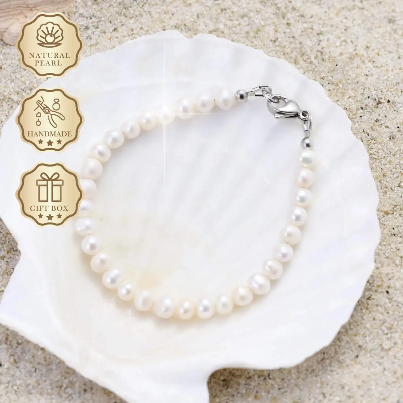 MYSOYA سوار لؤلؤ المياه العذبة الأبيض الطبيعي 5-6 ملم مع مشبك جراد البحر الفضي، صندوق هدايا، مجوهرات أنيقة لهدية عيد الميلاد #2