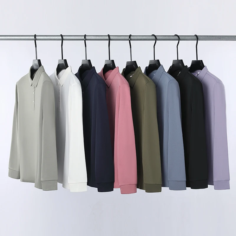 ​​Men's Wool Blend Long Sleeve Polo - Light Blue (White/Black/Olive Green) Wool & Mulberry Silk Breathable Comfort Fit