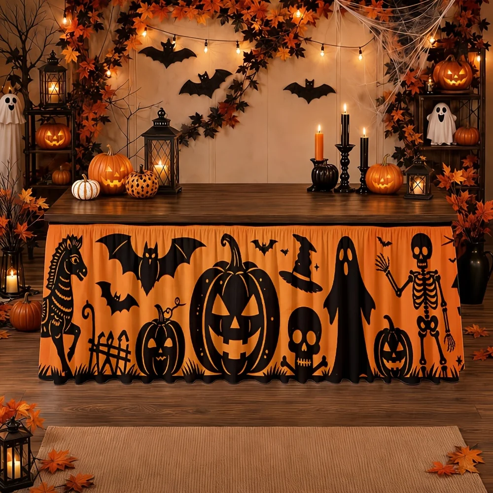 Halloween table skirt / tablecloth, in orange and black, featuring terrifying pumpkins, bats and ghostszyc