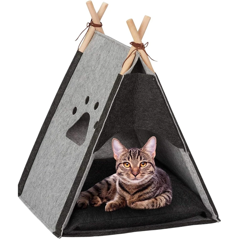 Cat Tent Bed with Cushion, Soft Felt Cat House Cave, Cozy Sleeping Nest with Wooden Support for Kittens & Small Dogs