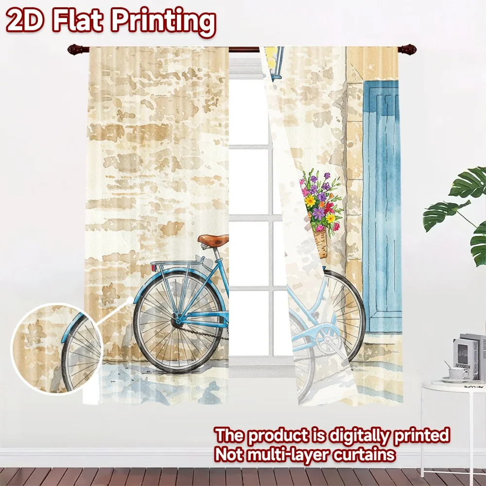 2D flat 2pcs Curtain French Romantic Style Blue Bicycle with Flowers Digitally printed polyester, colorfast Birthday Party