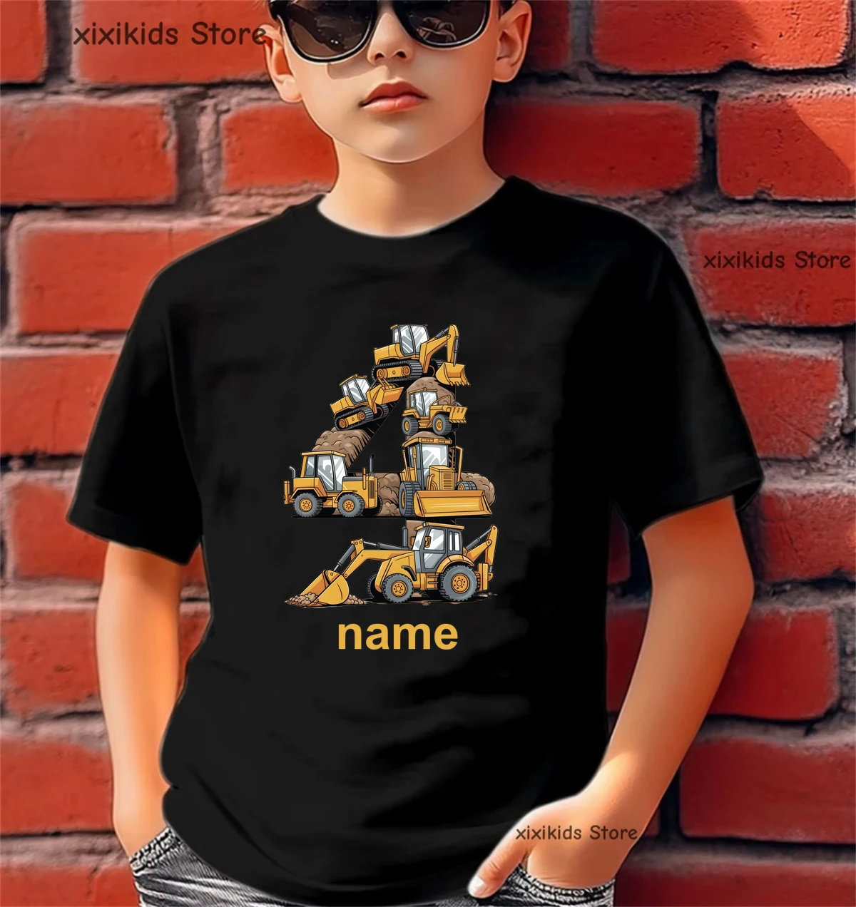 Custom Name 4th Birthday Gift Excavator Printed T Shirt Boys The Best Birthday Gift T-Shirt Kawaii Kids Clothes