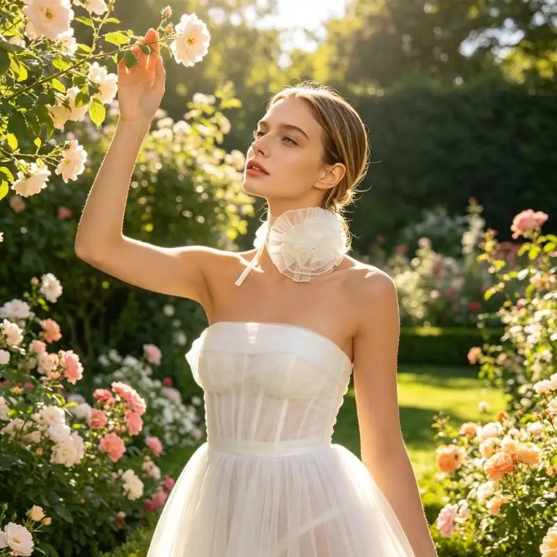 Delicate 3D Organza Camellia Pendant Necklace Skin Friendly Evening Wear Accessory Suitable for Office or Casual Outfits 6XDA