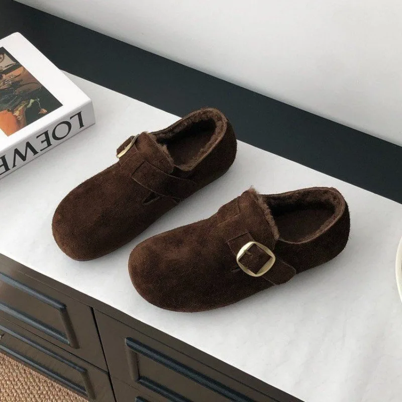 

Classic Belt Buckle Loer Woman Spring/Winter Cotton Fur Lined Flats Barefoot Shoes Ladies Cozy Slip On Driving Mocasines Femme