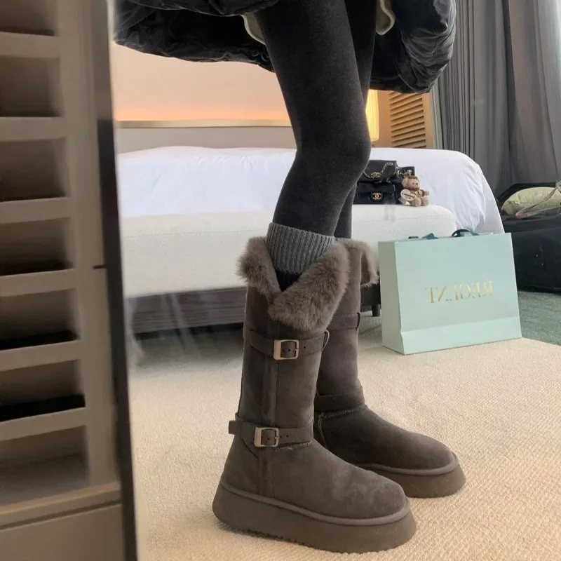 

Fashionable buckle strap thick soled furry flanged warm cotton shoes, mid length snow boots for women in winter