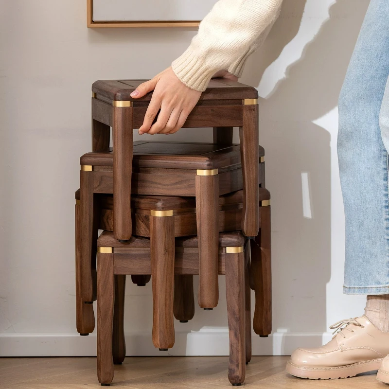Black Walnut Solid Wood Square Stool Vintage Chinese Low Bench Living Room Tea Table Seat Entrance
