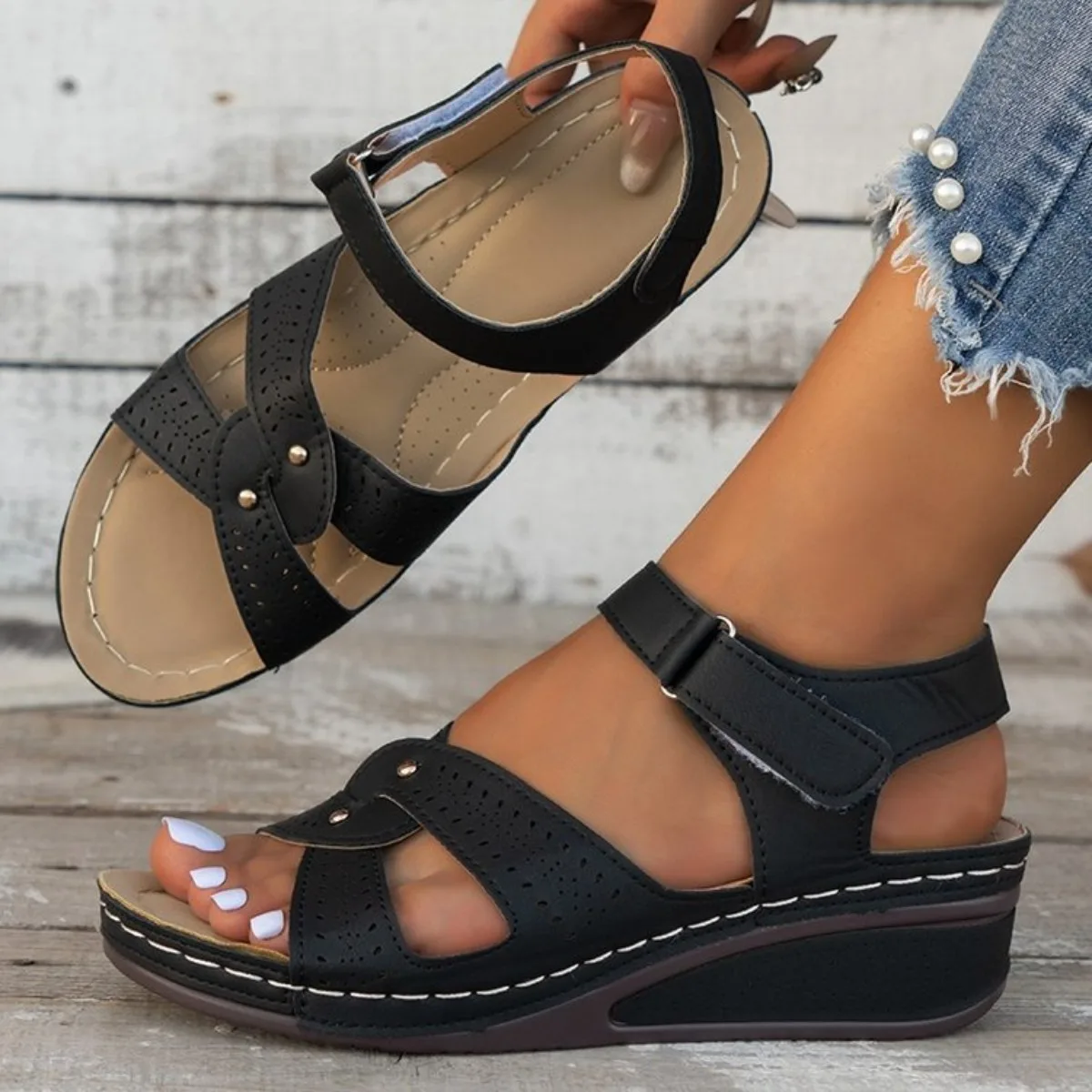 Women Perforated Wedge Sandals, Adjustable Back Strap Open Toe Orthopedic Summer Platform Shoes - view 2
