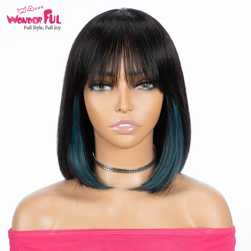 Dark Green Gighlight Straight Wig With Bangs Glueless Human Hair Wig for Women Short Bob Cosplay Hair 10 Inch Bob Hair With Bang