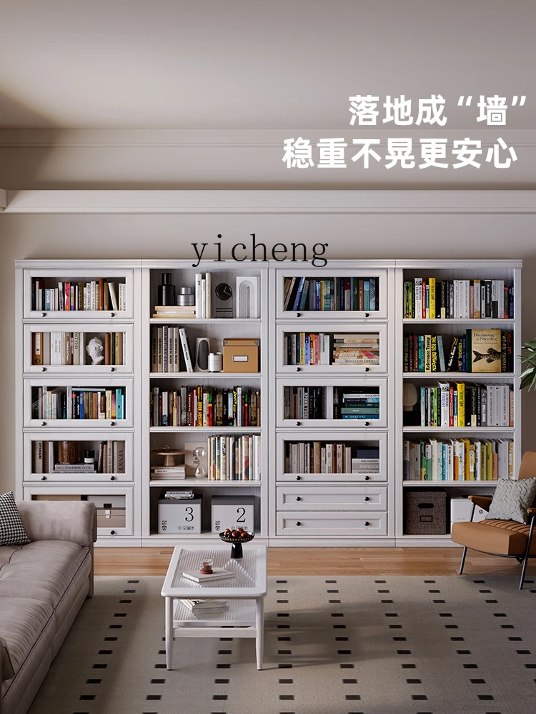 YFY  solid wood bookshelf integrated wall floor-to-ceiling household living room rack locker multi-layer display shelf