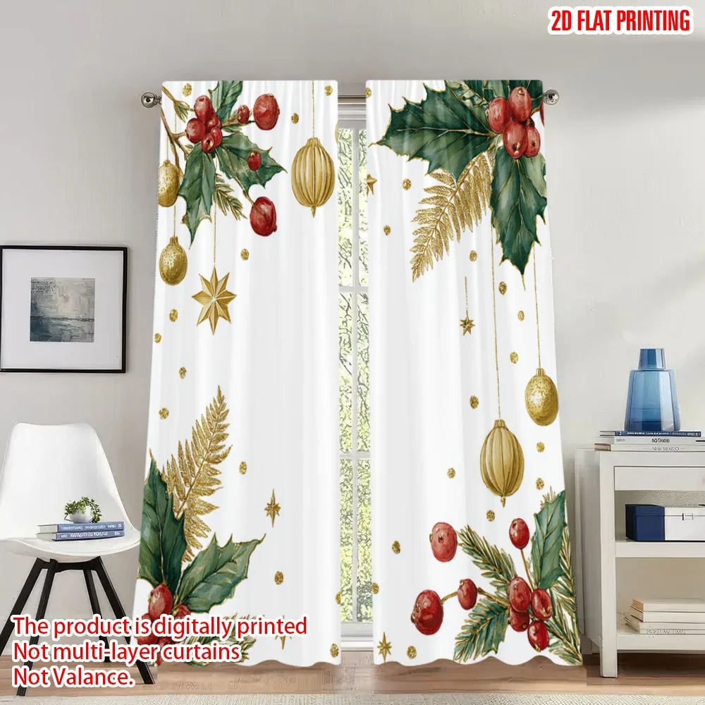 

2pcs 2D flat printing Happy Christmas Scene Curtains Christmas Holly Berries Stars Digital Printed Polyester Drapes Festive