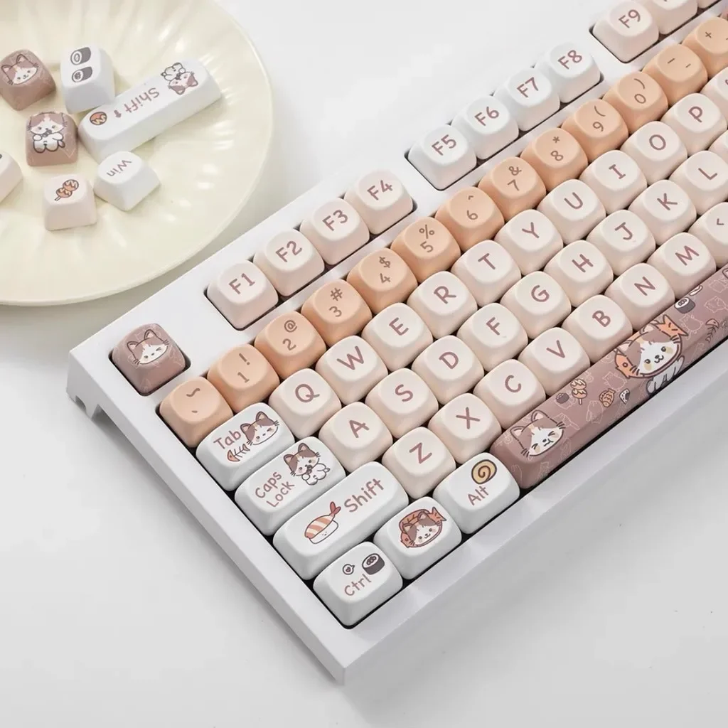 Mechanical Keyboard Key Cap Kitten Eating Japanese Food Keycaps MOA Hight PBT Sublimation 143 Key Cute Cat Custom Keycaps