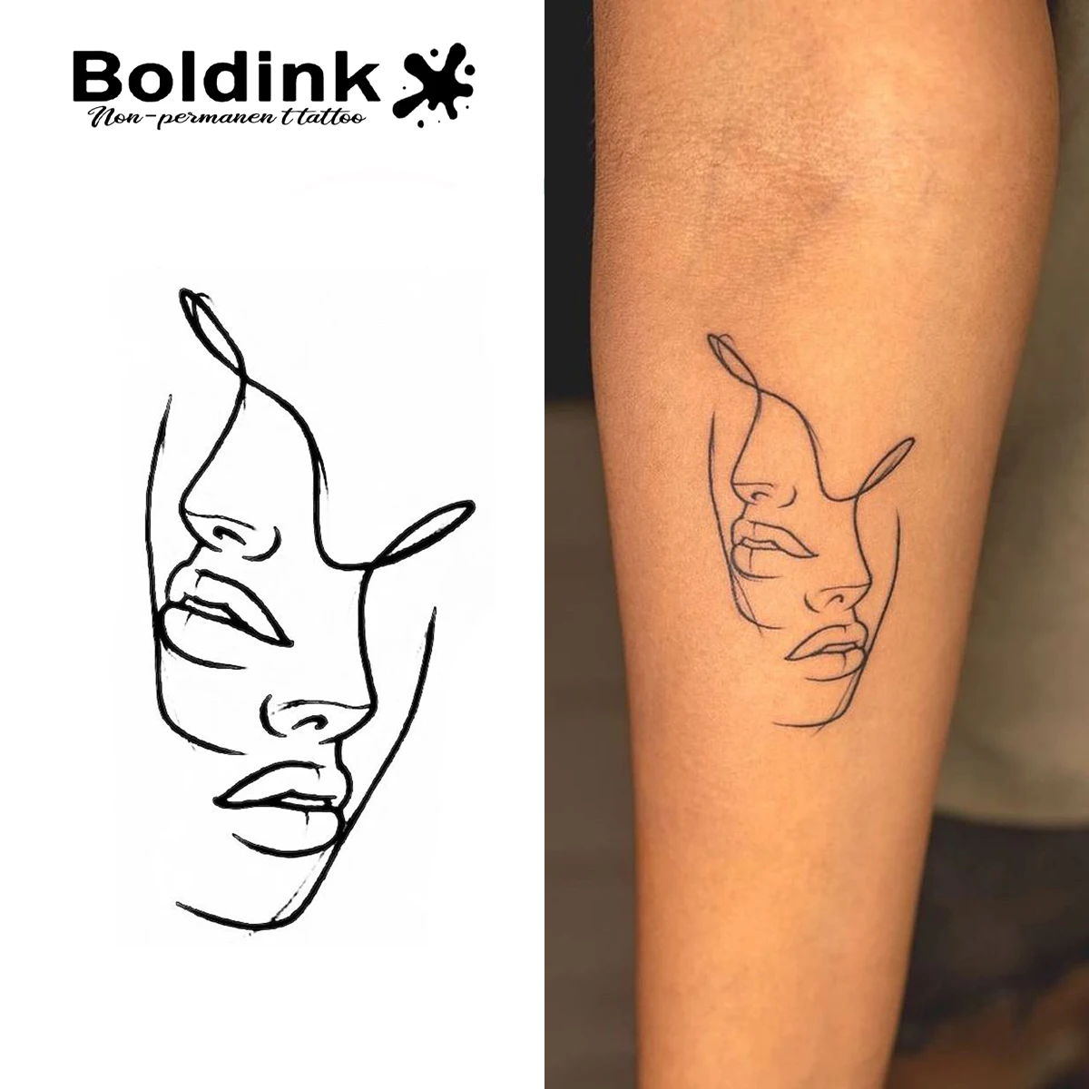 Boldink Minimalist Double Sided Shadow Tattoo Patch - Black and White Line Art Design | 1-2 Week Durable Waterproof