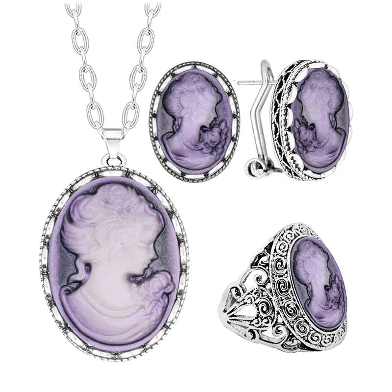 6 Colors Vintage Oval Purple Lady Queen Cameo Sets For Women Antqiue Silver Plated Cameo Necklace Stud Earring Ring Jewelry Set