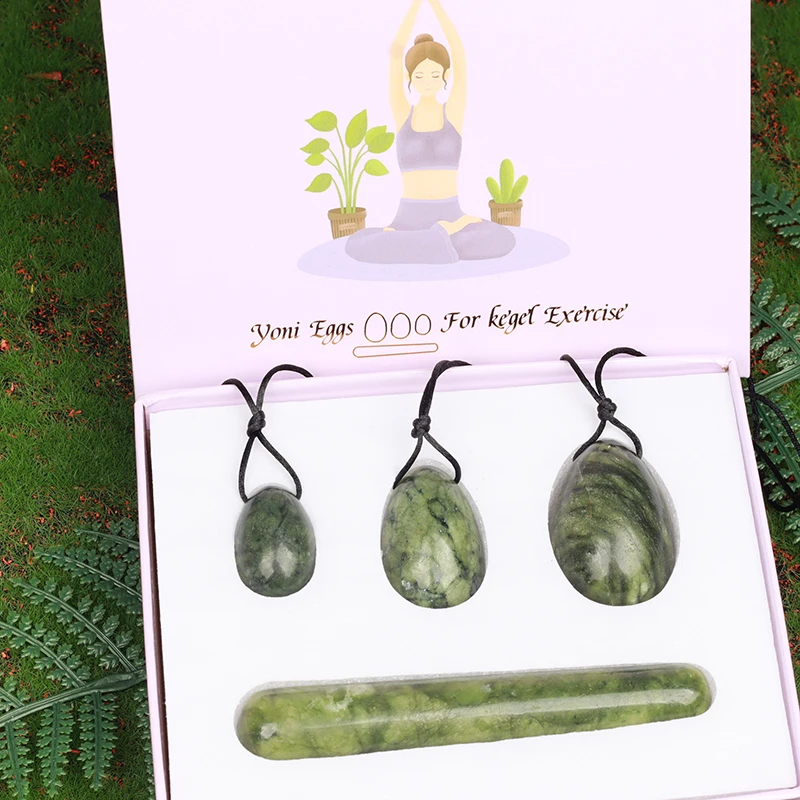 Drilled Jade Yoni Egg Set Natural Rose Quartz Massage Wand Crystal Ball Pelvic Kegel Exercise Tool Tightening Vaginal Muscle